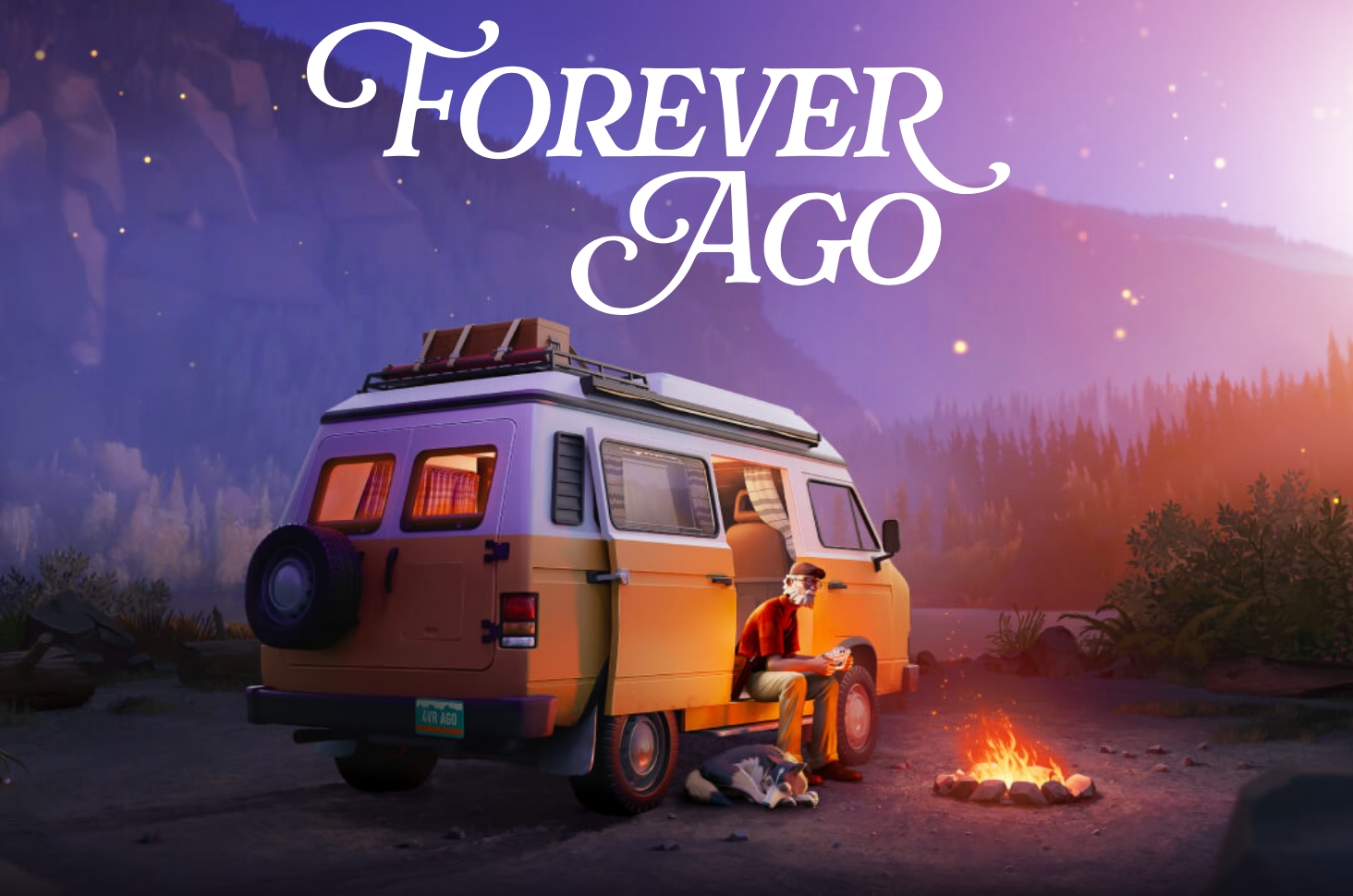 Illustrated scene of a person sitting by a campfire beside a yellow camper van at dusk, with a dog resting nearby and “Forever Ago” written above.