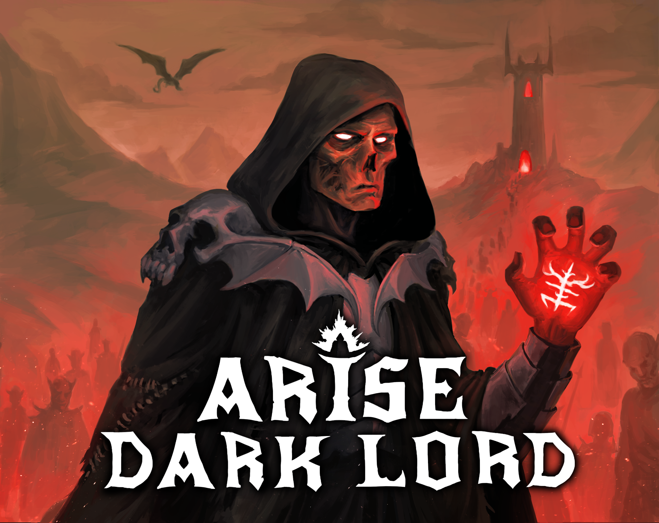 Dark hooded skeletal sorcerer casting red magic in front of a dark fortress and dragon-filled sky.